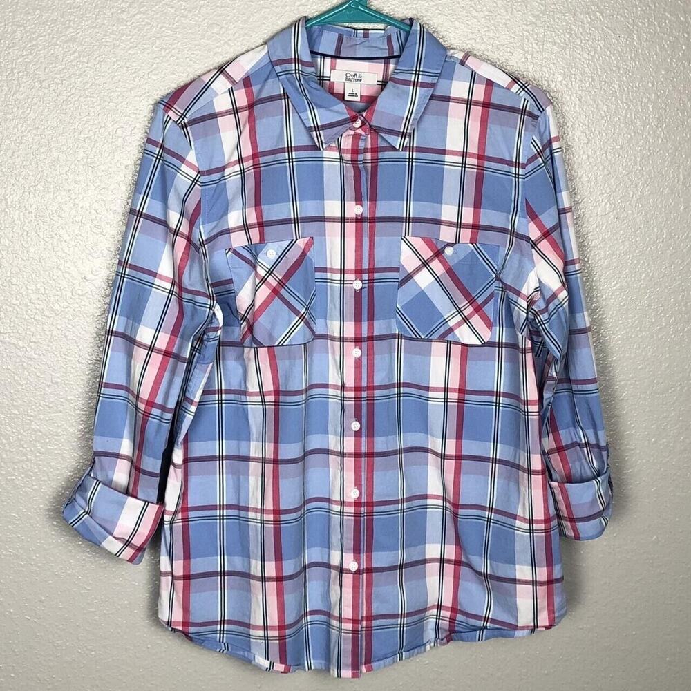 Croft & Barrow Size Large Blue Pink White Plaid Button Up Shirt Preppy Casual